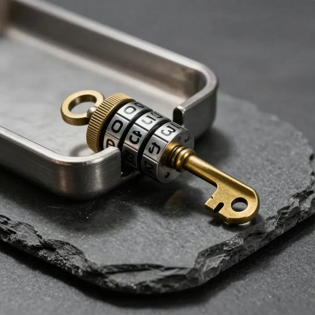 Macro still life of a bank vault dial, brass key, and coin tray on graphite stone.