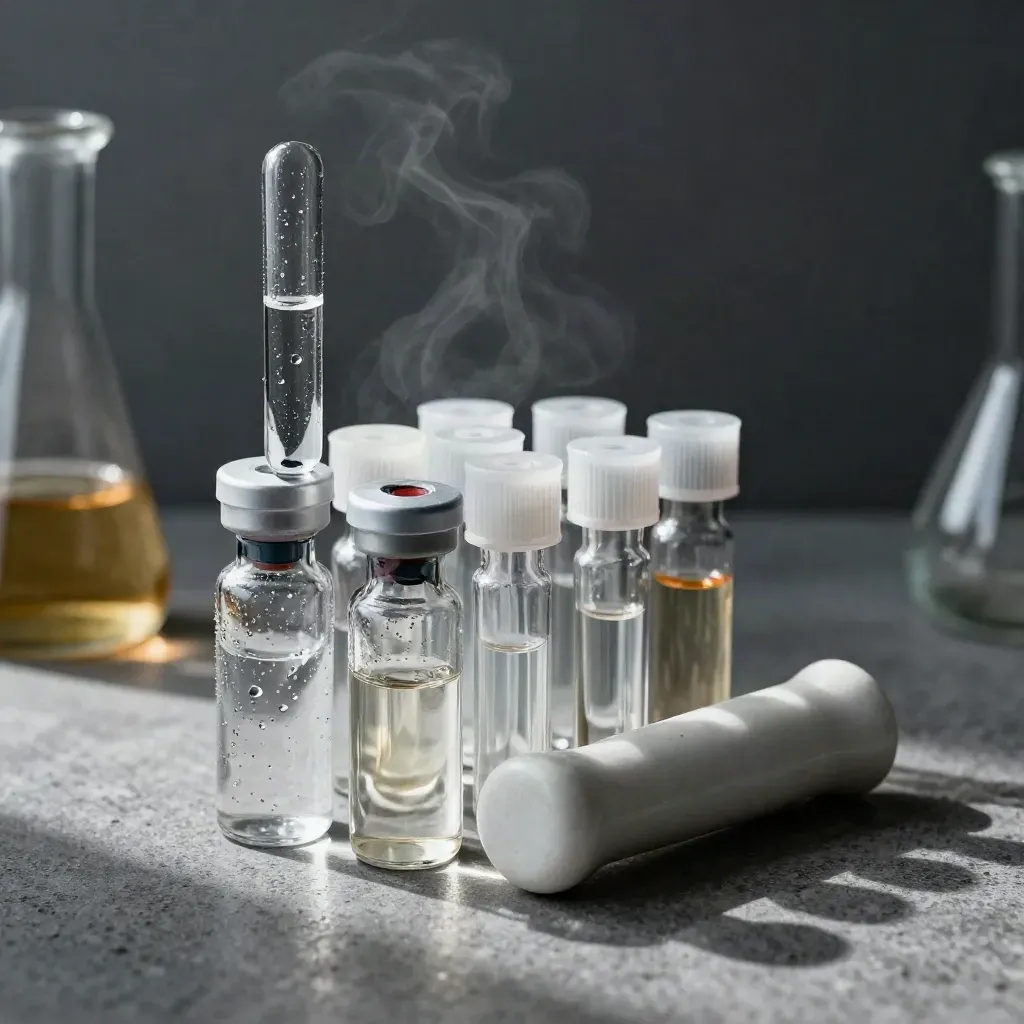 Glass vials, sample tubes, and a ceramic pestle on brushed stone in dramatic lab light.