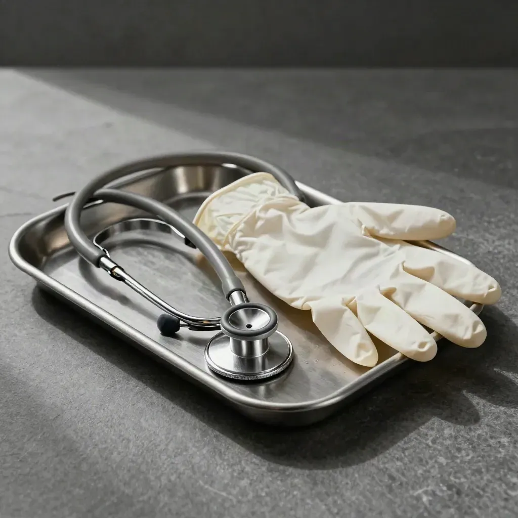 Stethoscope chestpiece, folded glove and metal tray on brushed stone in moody light