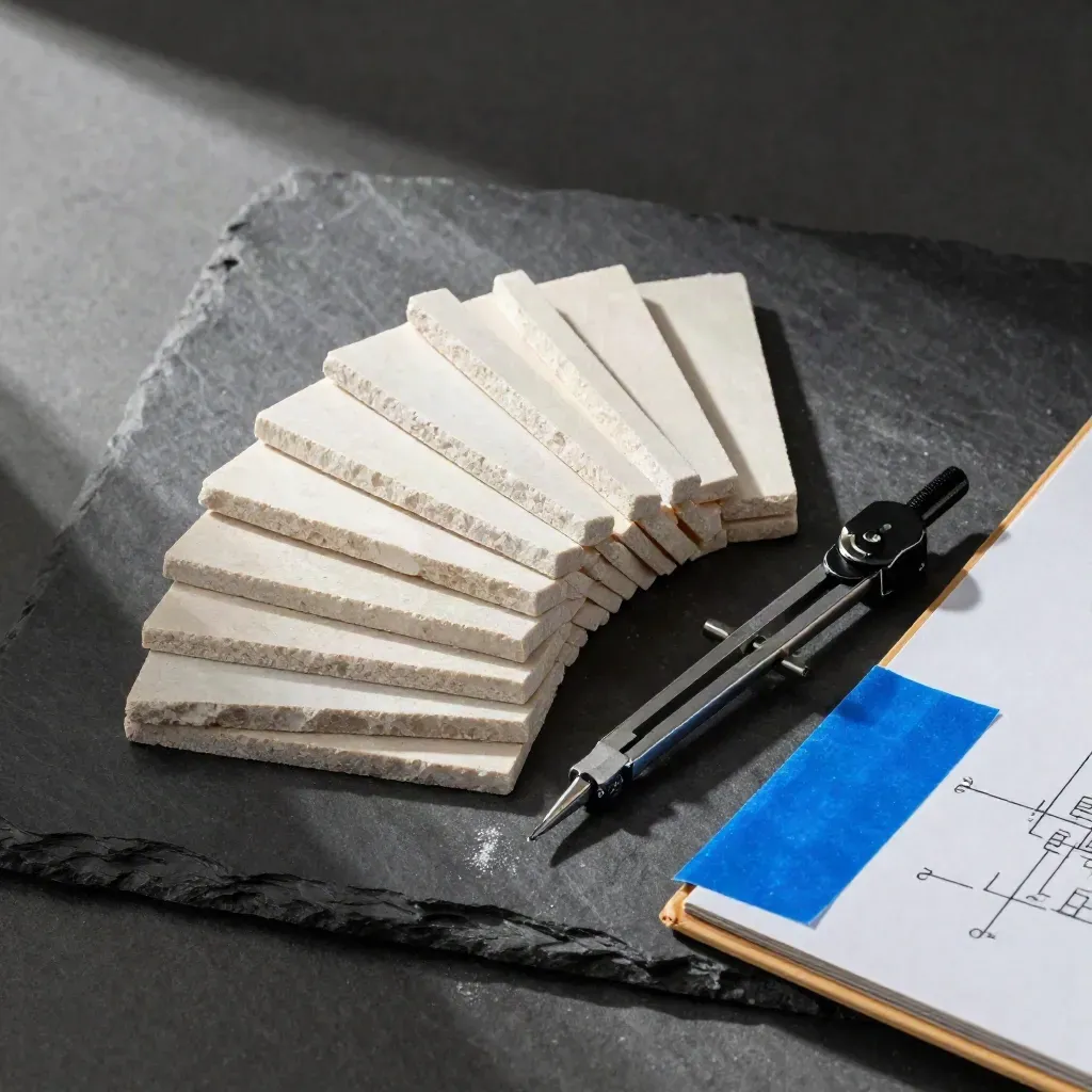 Limestone sample chips, black compass, and waxed folder edge on stone with blue tape in soft daylight.