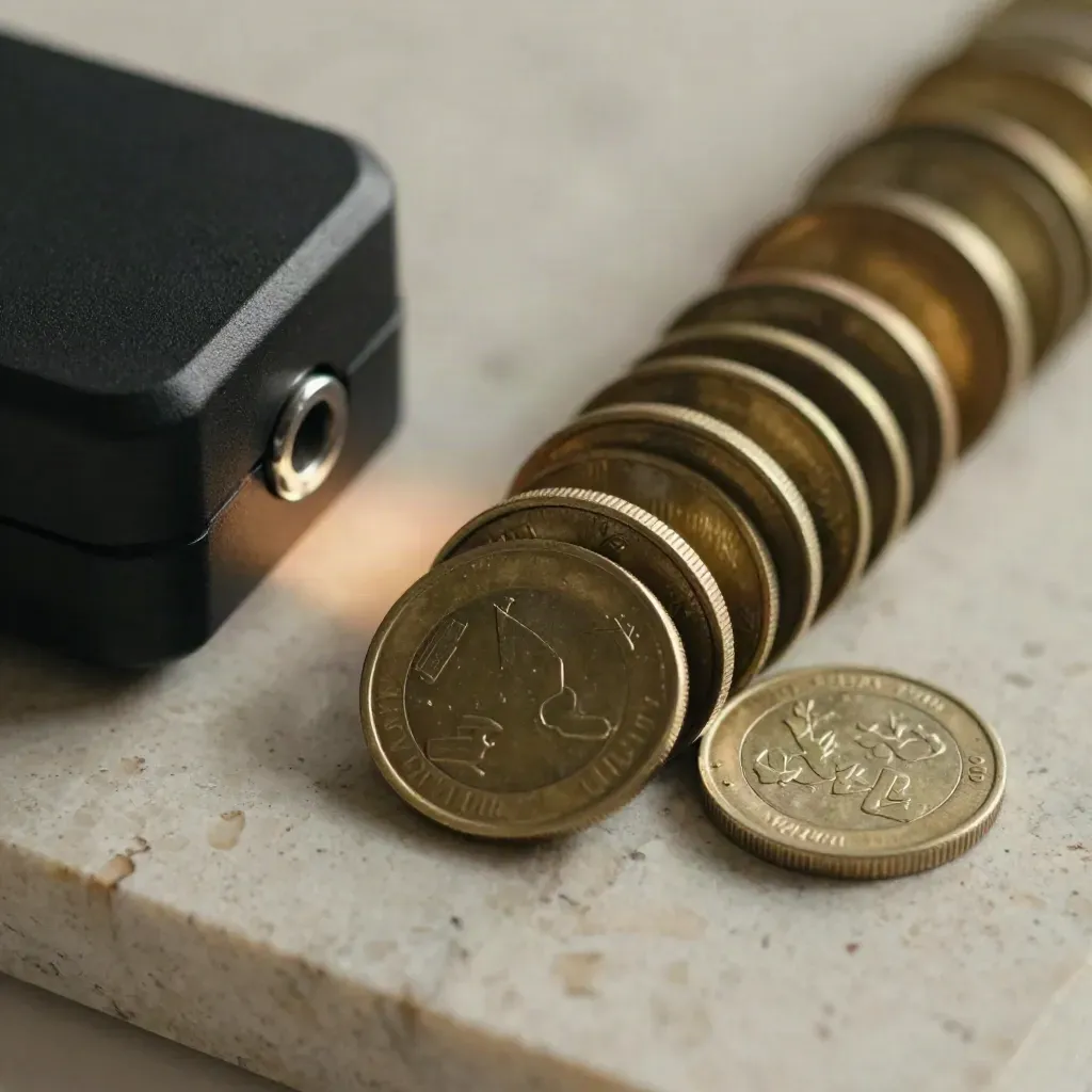 Top-down macro still life of finance weights, a secure token and brass coins on pale travertine.