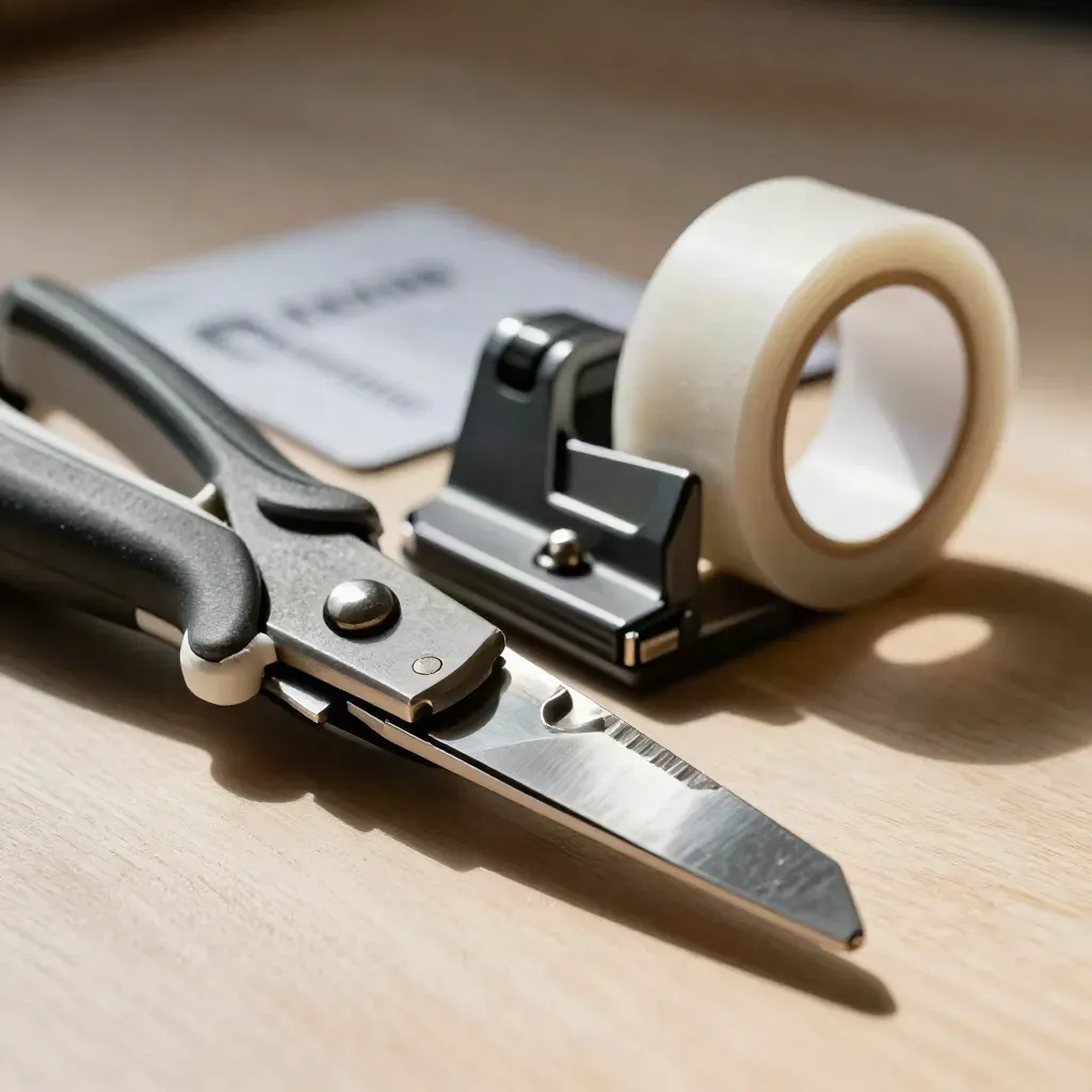 Retail packing tools and tape on pale wood in a dramatic macro still life