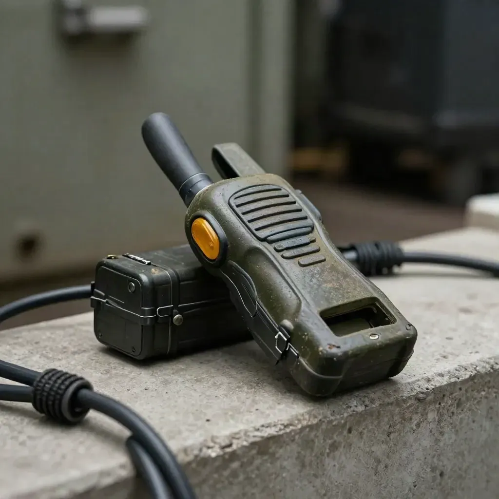 Rugged emergency handset in an open cradle with battery pack and cable ferrule on concrete.