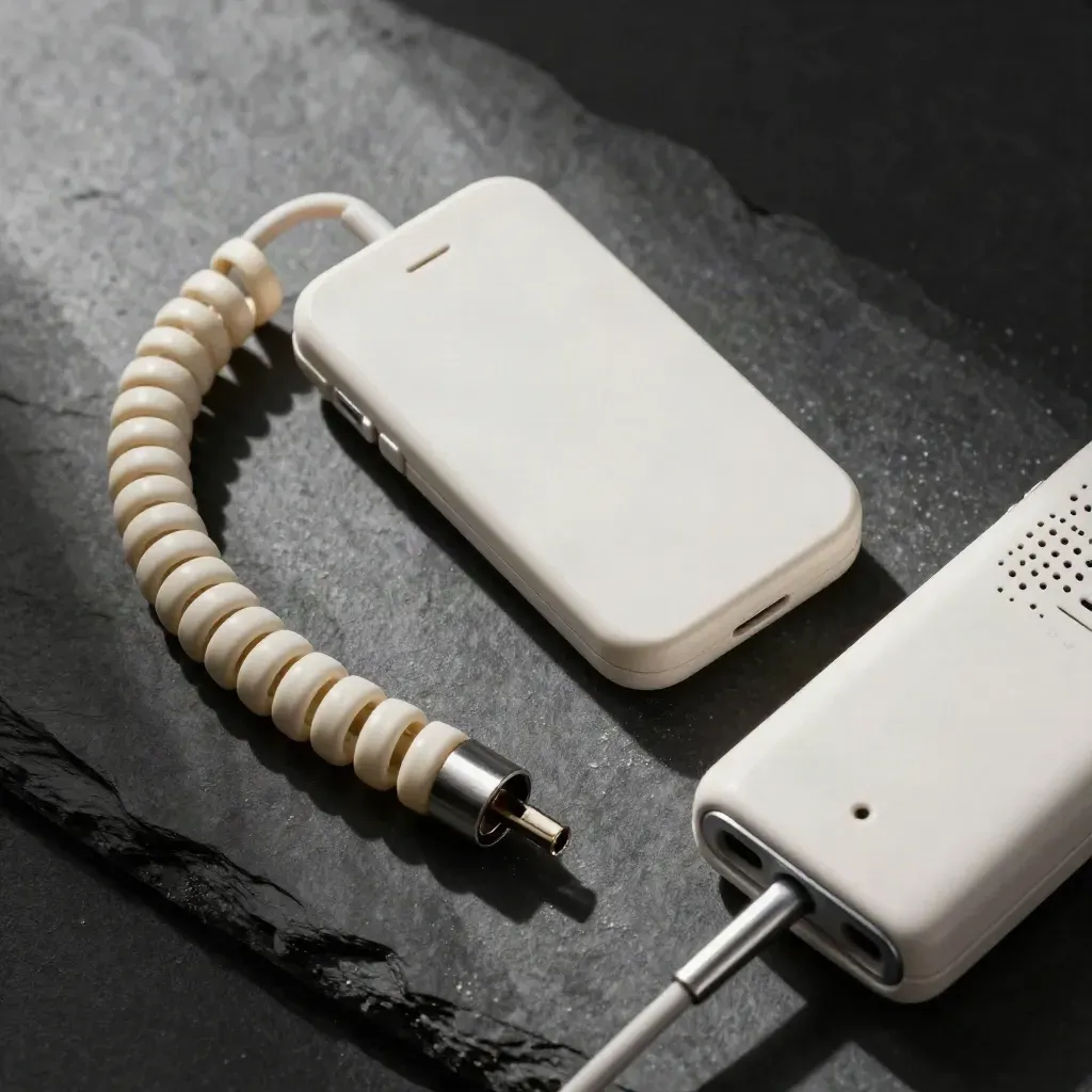 Top-down still life of a pager shell, coiled cord and metal line jack on stone.