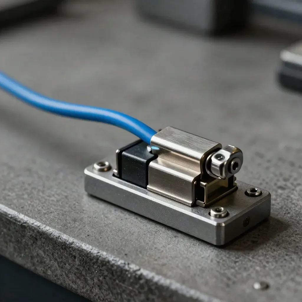 Macro of a spring-loaded toggle switch, magnetic contacts and blue cable bridge on graphite metal.