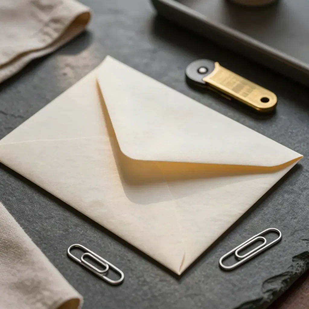 Ivory envelope, brass letter opener and paper clips on graphite stone, lit from one side.