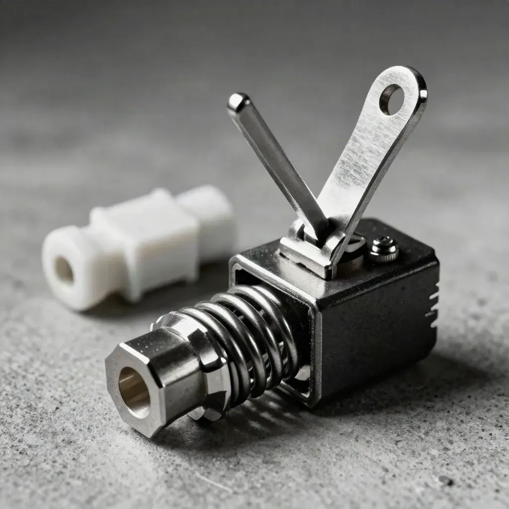 Macro of a spring-return toggle switch with connector head and fuse on concrete