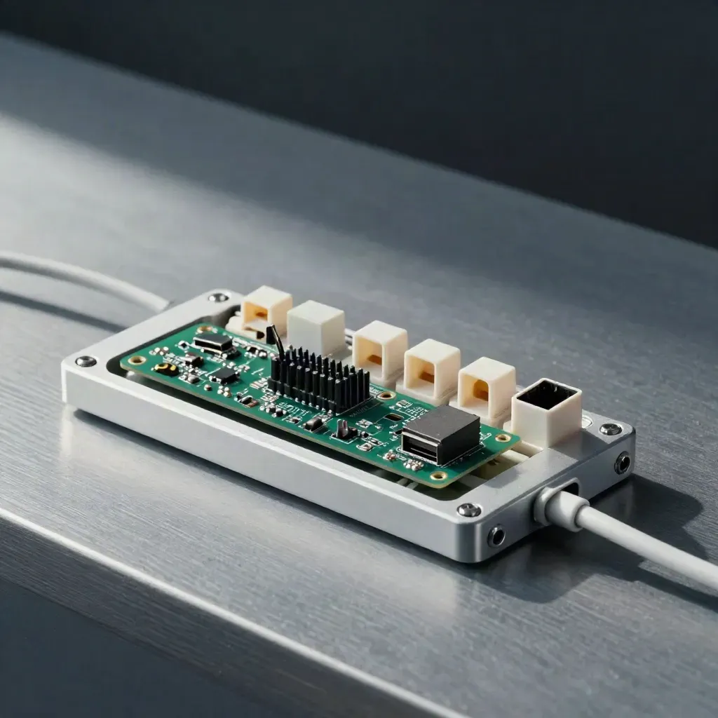 Open electronics enclosure, breakout board, pogo-pin tester and cable coil on a dark workbench.