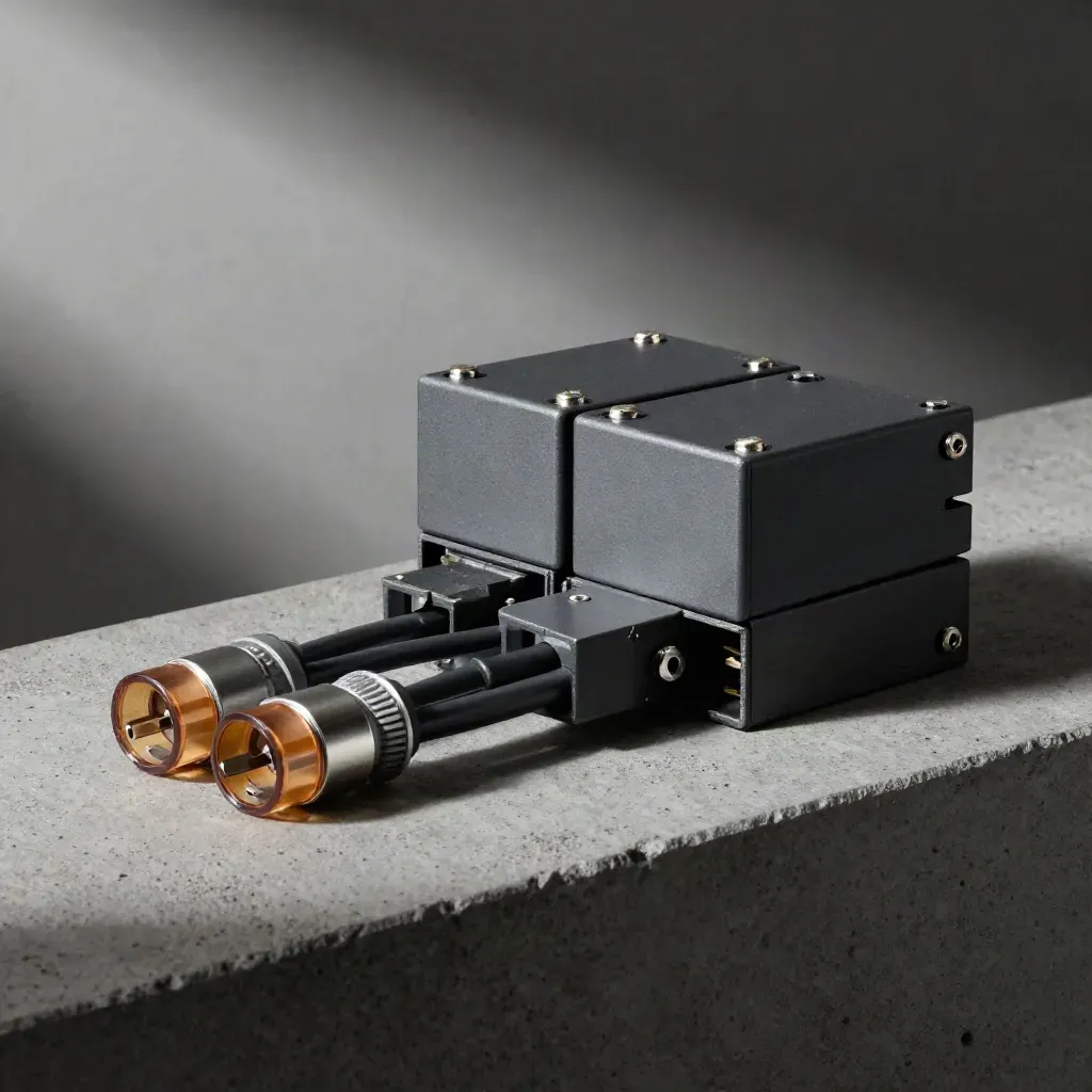 Relay modules and a branching cable splitter on dark concrete, lit by a raking amber beam.