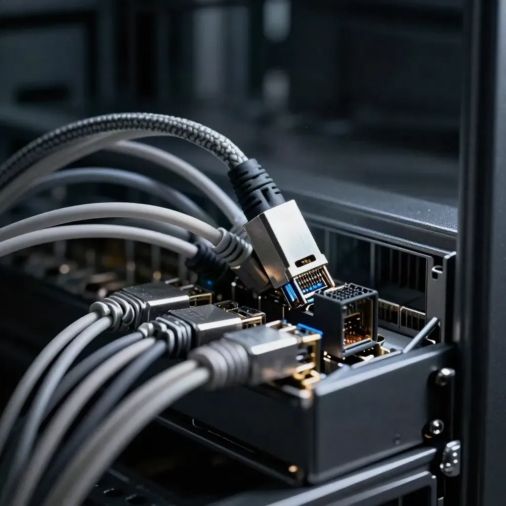 Macro server rack tray with patch cables, SFP module, and a blank hardware token
