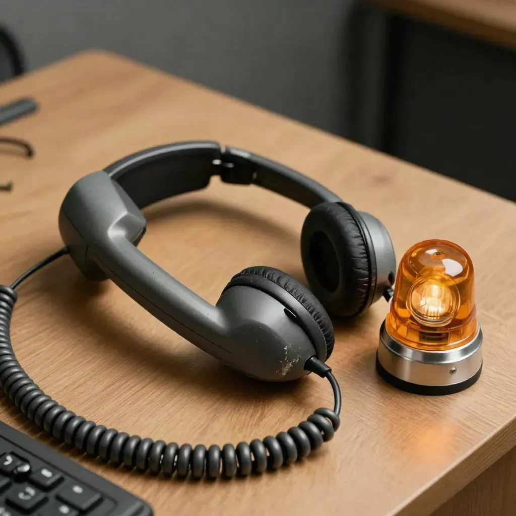 Desk phone handset beside headset and amber alert beacon on warm wood