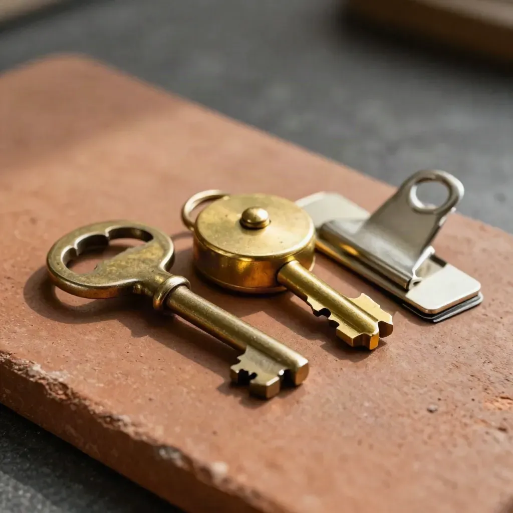 Top-down still life of a lockbox key, brass seal press and folder clip on terracotta slate.