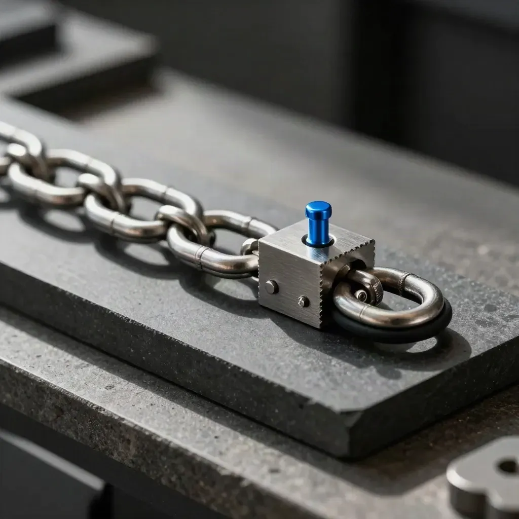Macro still life of machined links, connector block and cushioned ring on dark stone.