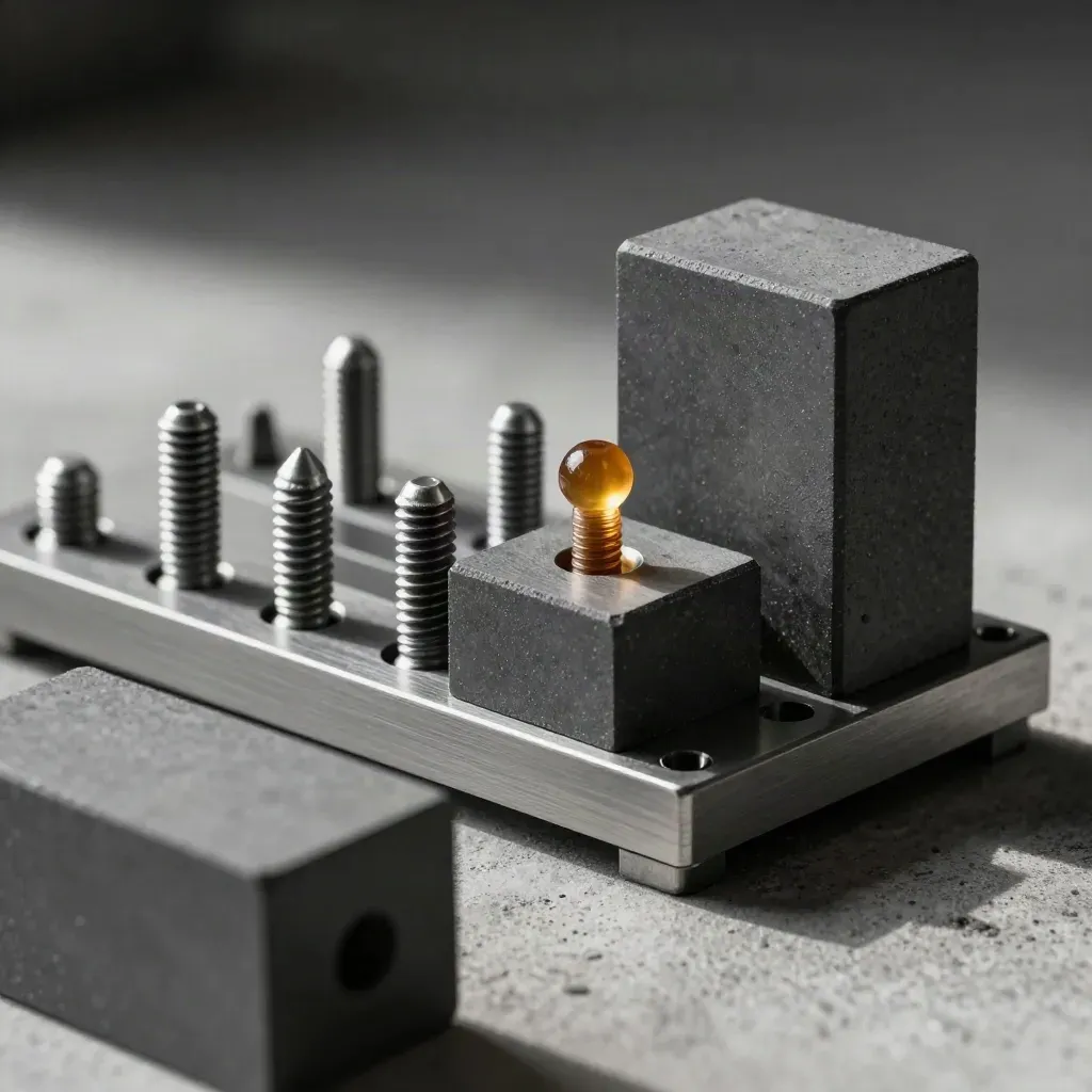 Graphite modular blocks and metal pins aligned on concrete, lit with dramatic shadow