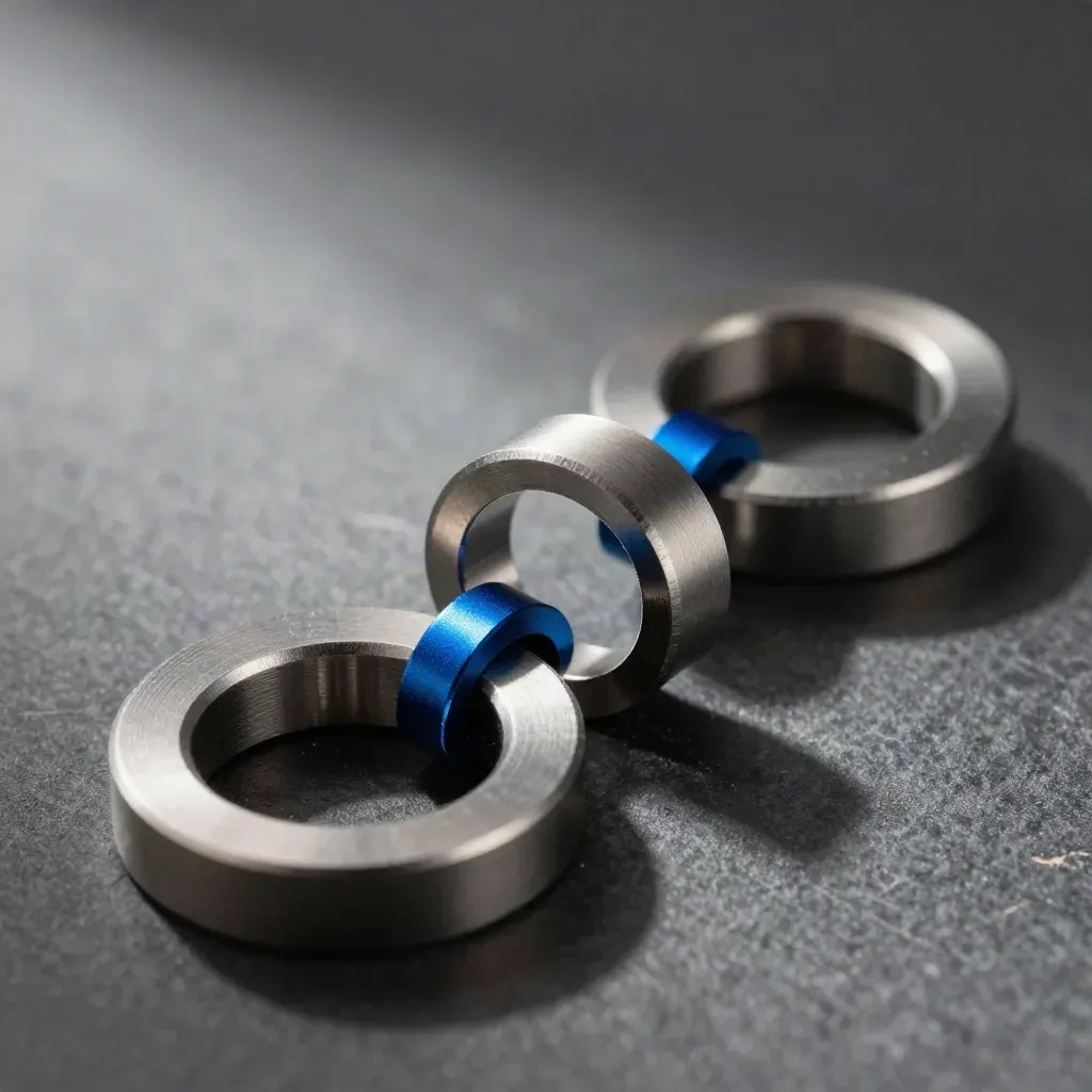 Extreme macro of metal rings, sensor cylinders, and a blue accent weight on graphite stone.