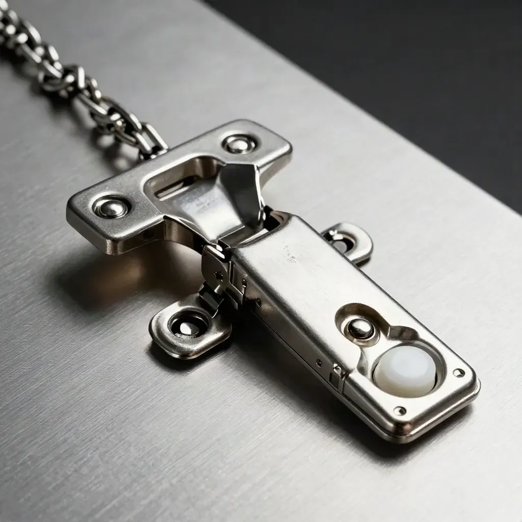 Top-down metal coupler, hinge and chain on brushed aluminum with dramatic shadow.